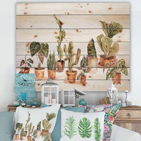 Designart - Indoor House Plants Urban Jungle I - Traditional Print on Natural Pine Wood